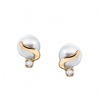 Modern Akoya Cultured Pearl and Round Diamond Earrings