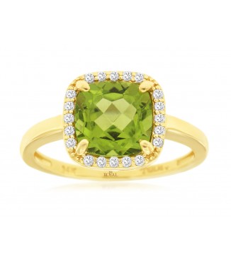 14K Yellow Gold Cushion Peridot Diamond Halo Ring