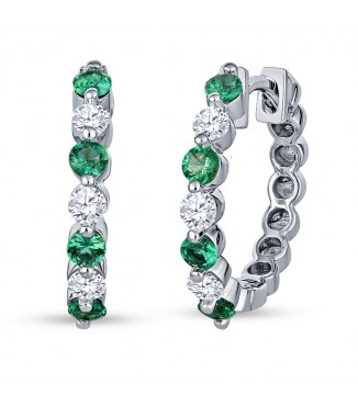 Emerald and Diamond Hoop Earrings Mid Size