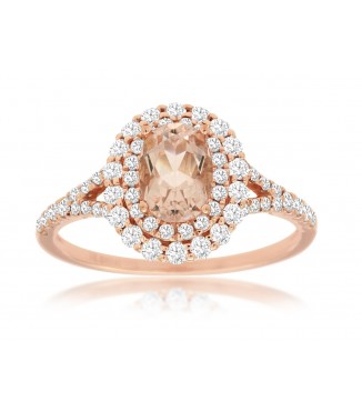 Peachy Pink Morganite Rose Gold Diamond Halo Ring