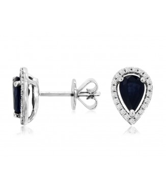 14K White Gold Pear Sapphire Diamond Halo Earrings