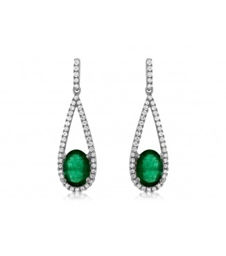 14KW Teardrop Emerald Diamond Earrings