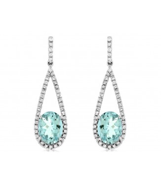 14KW Oval Aquamarine Diamond Halo Drop Earrings