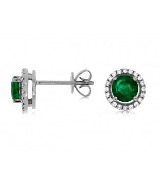 Emerald Diamond Halo 14KW Gold Stud Earrings