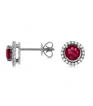 Vibrant 14KW Ruby & Diamond Halo Stud Earrings