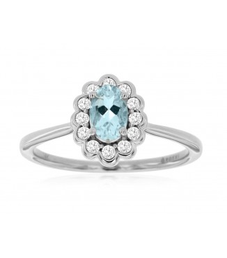 14K White Gold Oval Aquamarine Diamond Halo Ring