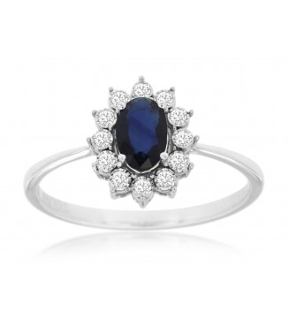 14K White Gold Oval Sapphire Diamond Halo Ring