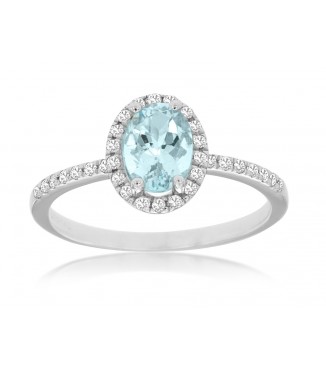 14K White Gold Oval Aquamarine Diamond Halo Ring
