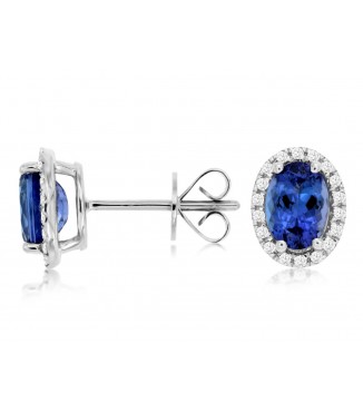 Oval Tanzanite & Diamond Halo Studs 14K White Gold