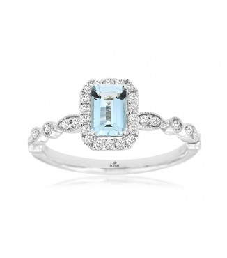 14KW Gold Emerald Aquamarine Diamond Halo Ring