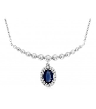 14KW Oval Sapphire Diamond Halo Beaded Necklace