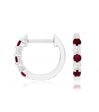14K White Gold Ruby Diamond Huggie Hoops