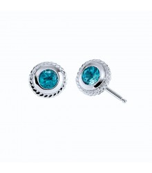 Rope Edge Round Blue Zircon Bezel  Stud Earrings