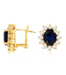 14K Yellow Gold Sapphire Diamond Halo Earrings