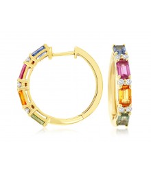 14K Gold Rainbow Multi Sapphire Diamond Hoops