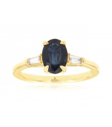 14K Gold Oval Sapphire & Baguette Diamond Ring