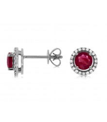 Vibrant 14KW Ruby & Diamond Halo Stud Earrings