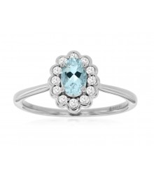 14K White Gold Oval Aquamarine Diamond Halo Ring