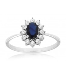 14K White Gold Oval Sapphire Diamond Halo Ring