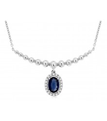 14KW Oval Sapphire Diamond Halo Beaded Necklace