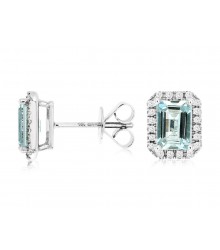 14KW Emerald Cut Aqua Diamond Halo Earrings