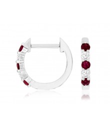 14K White Gold Ruby Diamond Huggie Hoops